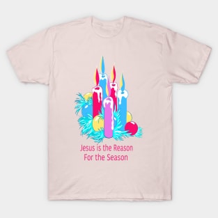 Bright nostalgic religious Christmas illustration candles and Christmas tree bulbs. T-Shirt